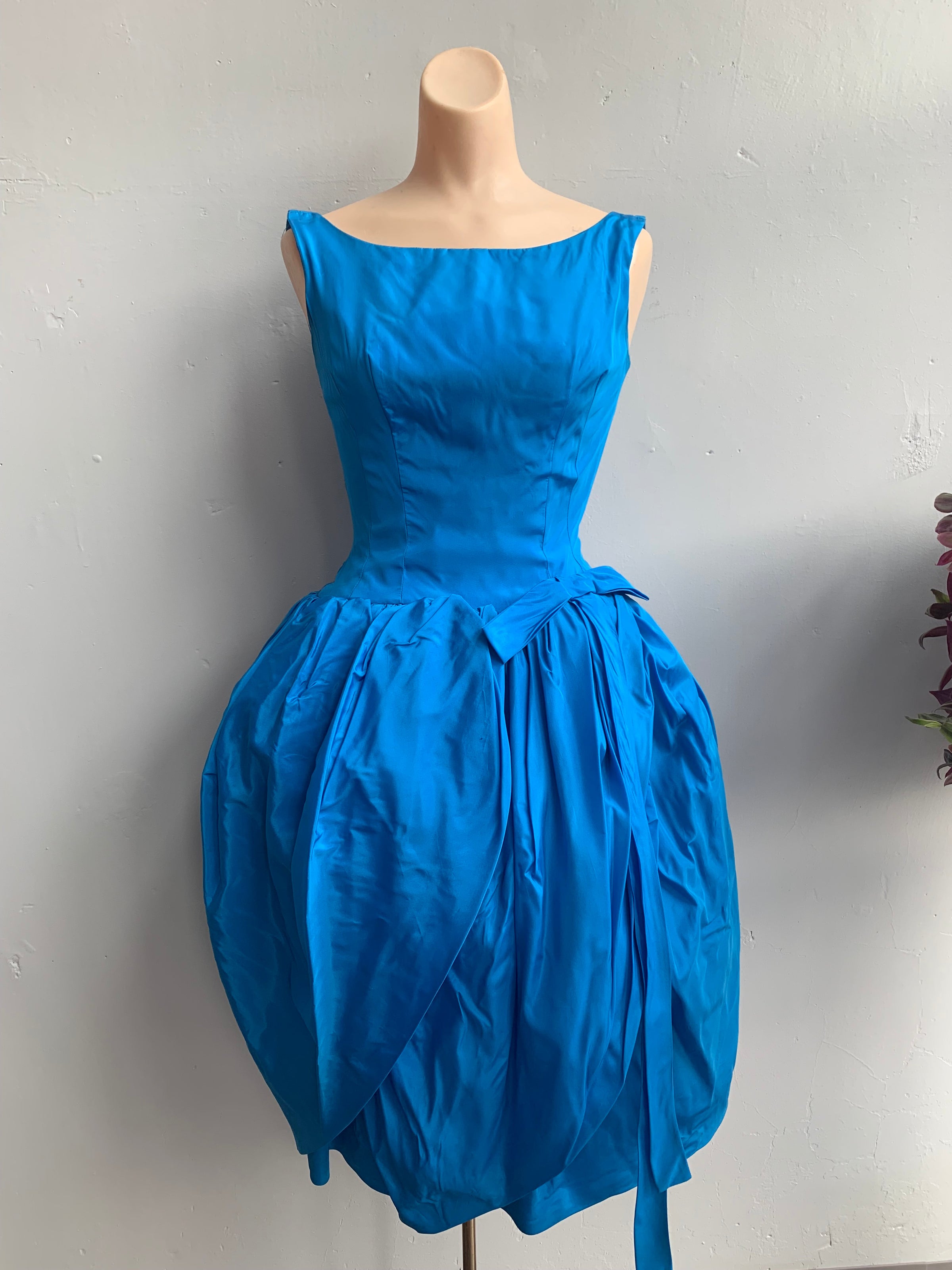 1950s Bright Blue Satin Tulip Petal Bubble Skirt Cocktail Dress | Dela  Deville's Vintage