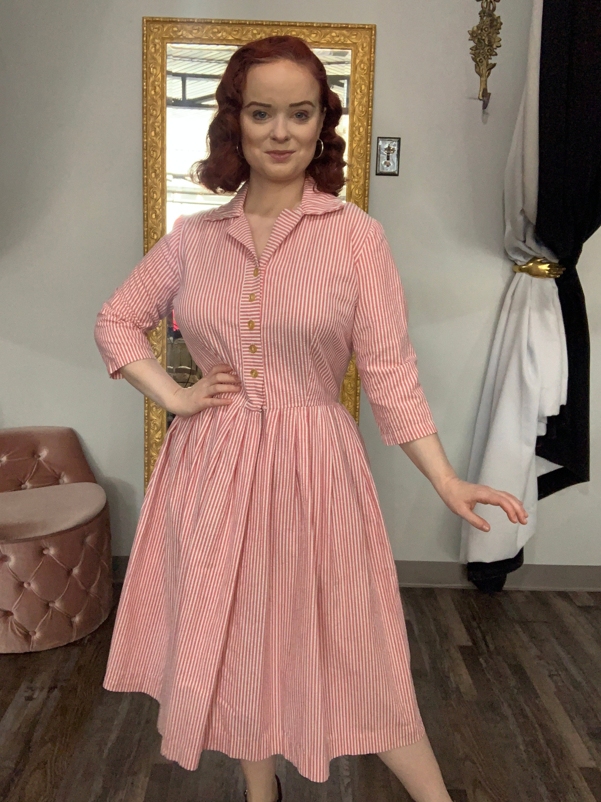 1950s Pink \u0026 White Seersucker Stripe Shirtwaist Dress