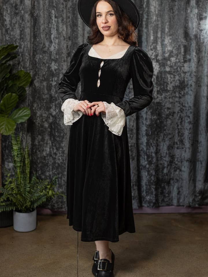 mourning black dress Cora Velvet by Witchwood Size:M-US 8 1 Victorian Dickens dress one sleeve dress TWIGGY A-Line Dress