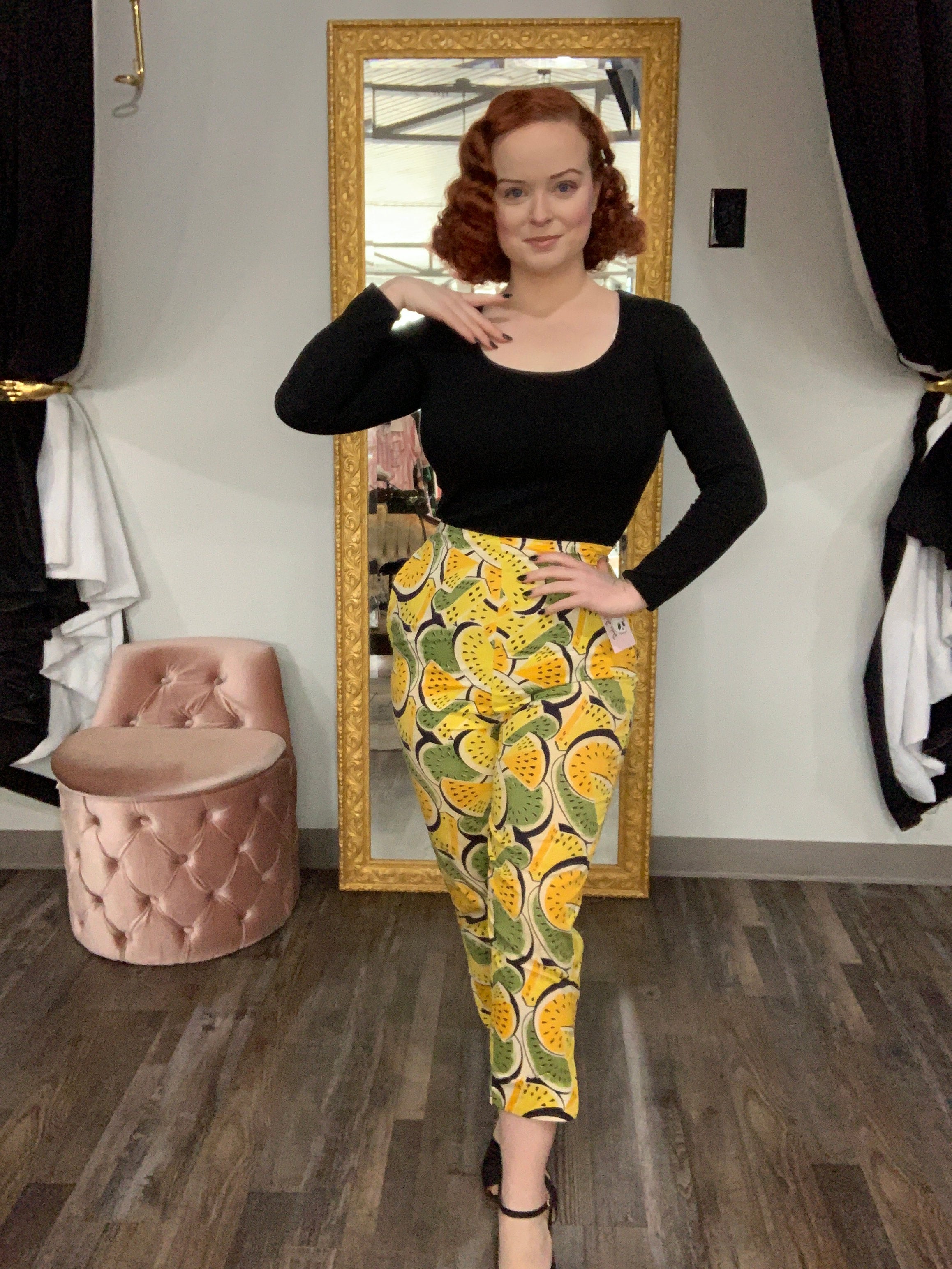 Unique Vintage Black Pinstripe & Pumpkin Rizzo Cigarette Pants